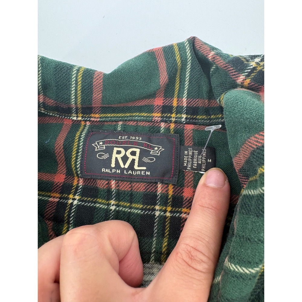 RRL Ralph Lauren Mens Green Blue Plaid Flannel Workshirt Throat Latch M - Picture 3 of 6